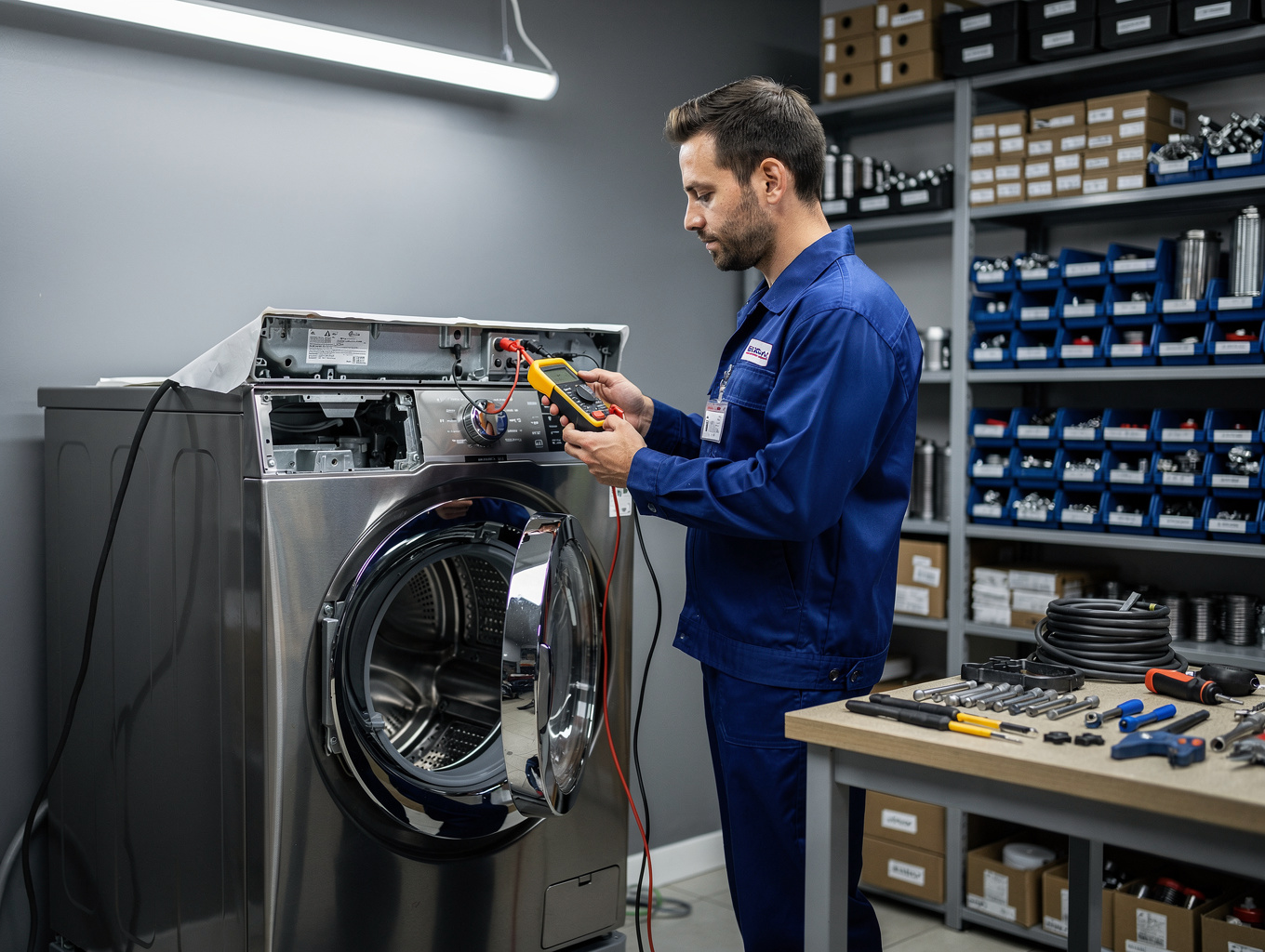 Certified technician servicing a commercial stainless steel restaurant fryer