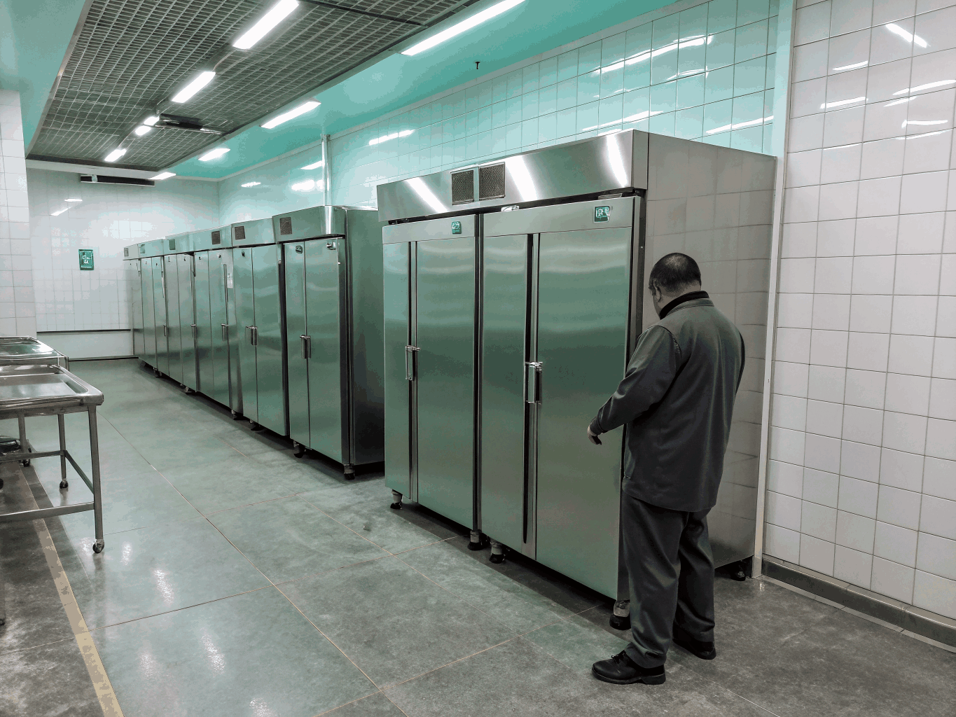 Commercial ice machine repair technician diagnosing refrigeration unit