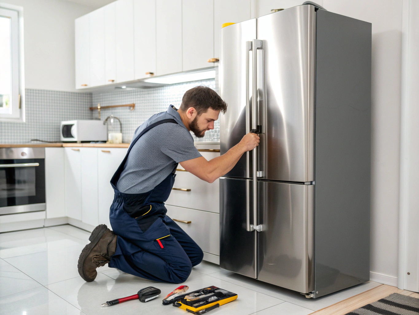 Technician repairing a commercial sandwich prep table in Suwanee