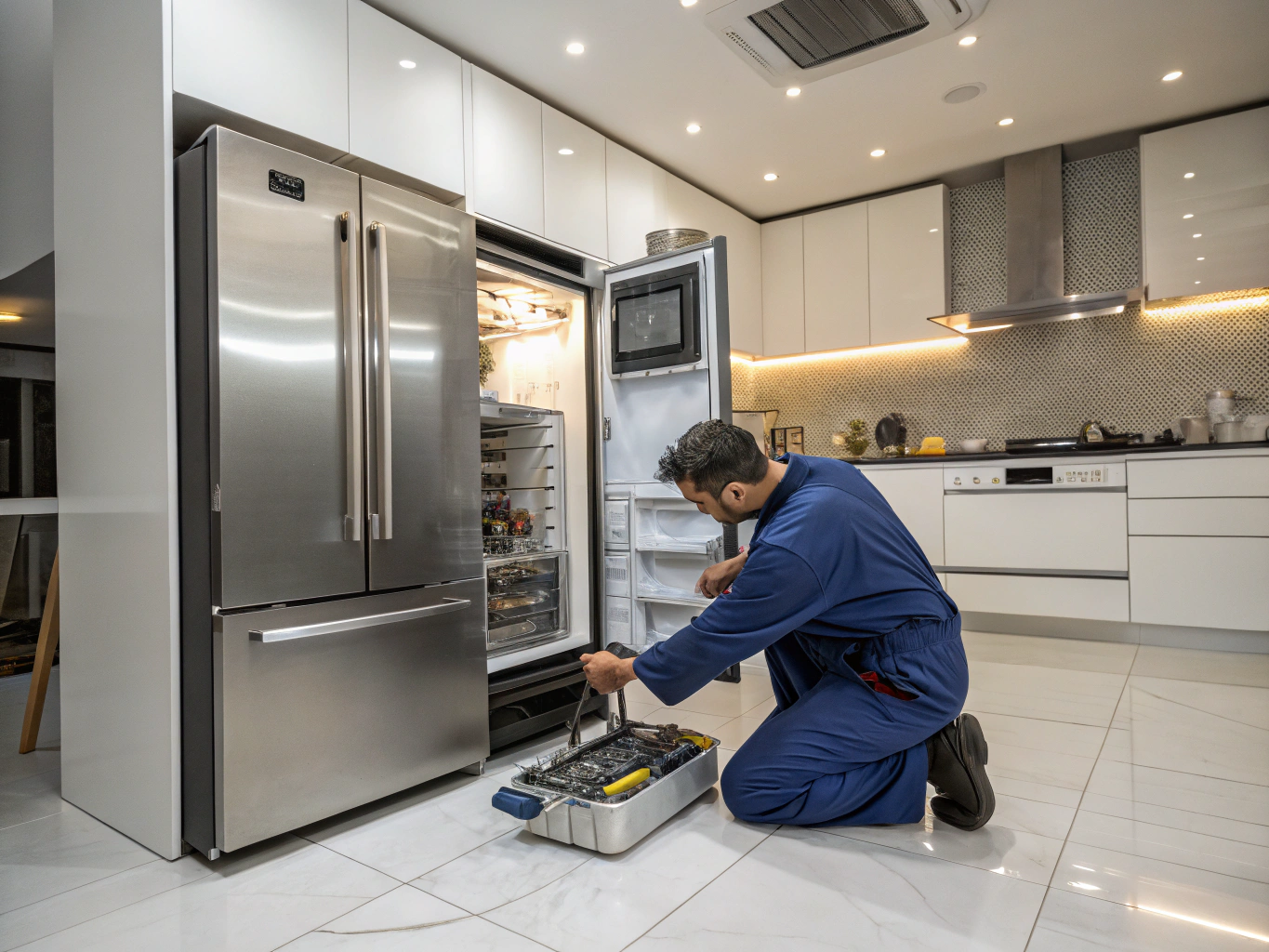 Technician repairing commercial reach in refrigerator compressor