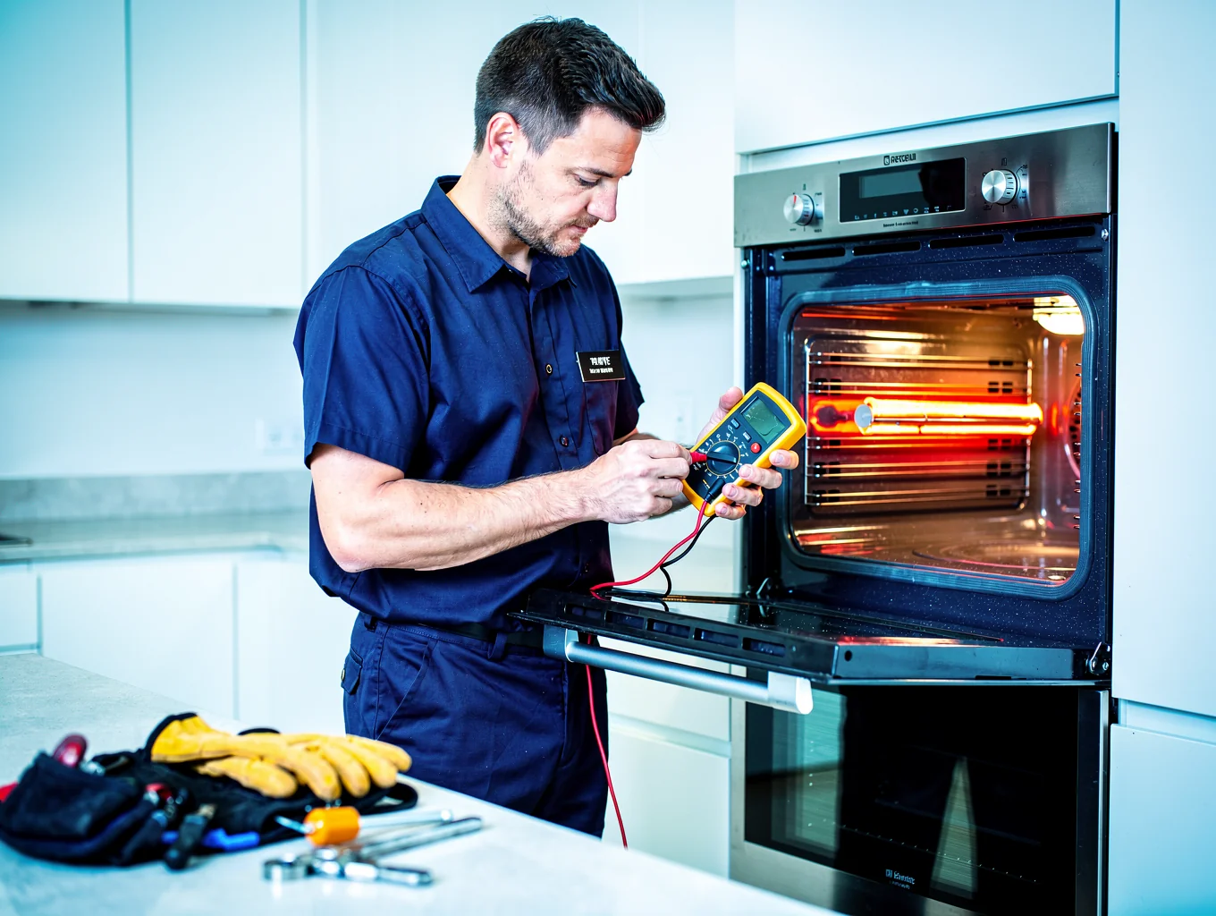 Professional technician inspecting and repairing modern kitchen cooktop burners