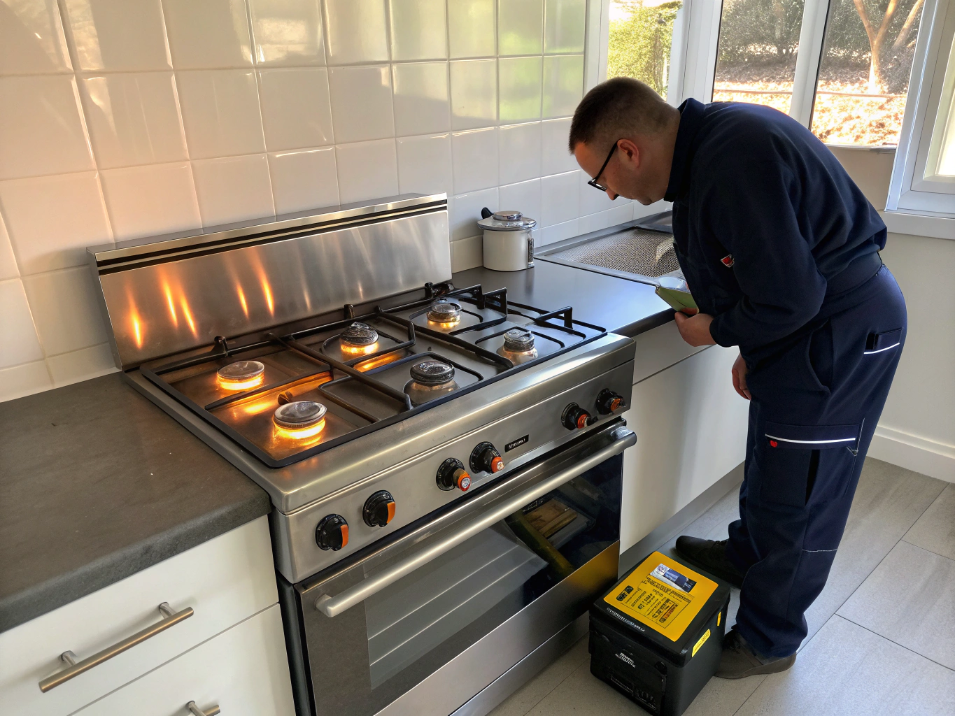 Certified technician inspecting a modern gas and induction cooktop in Suwanee