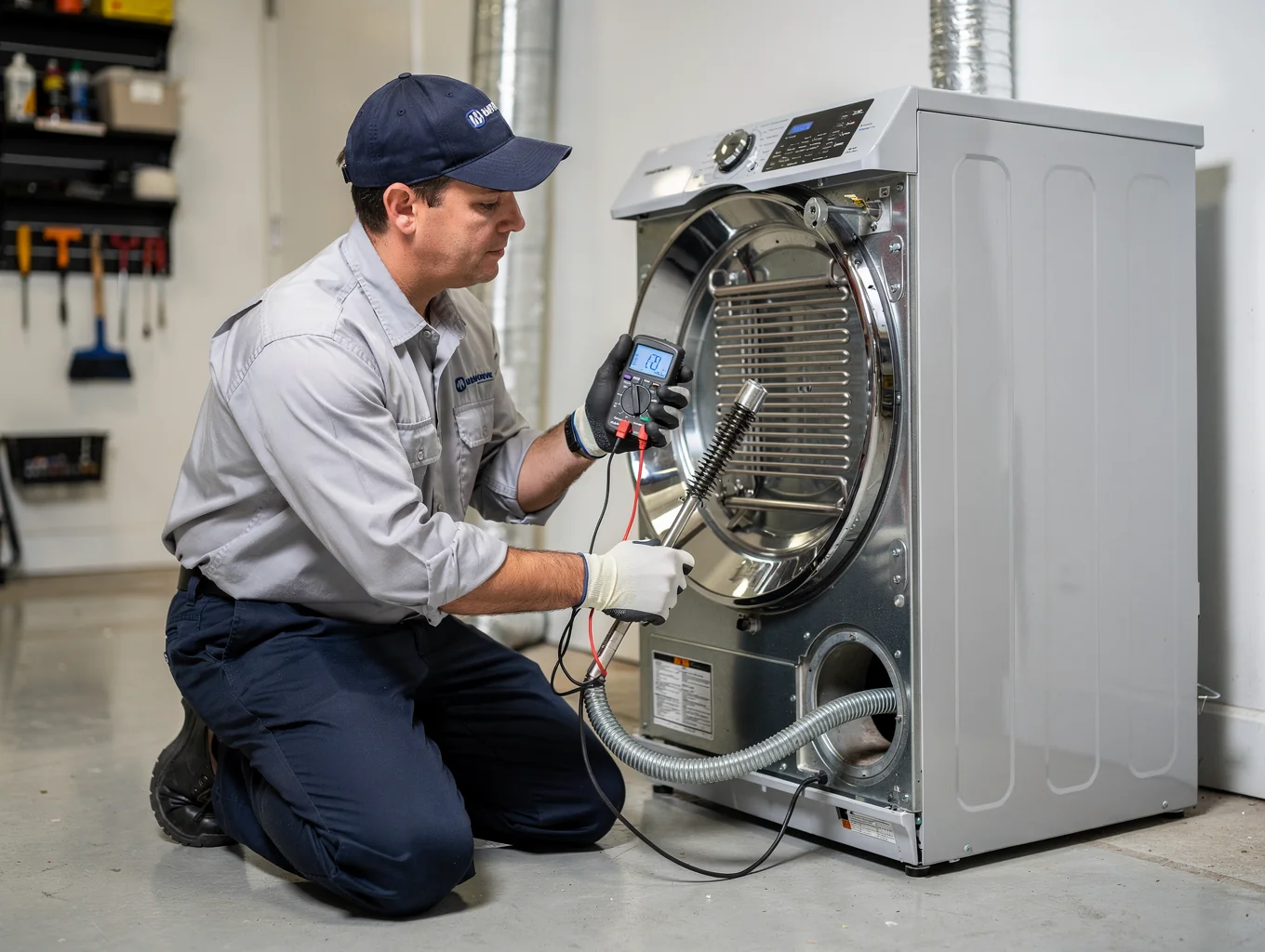 Professional technician repairing a residential dryer in Suwanee