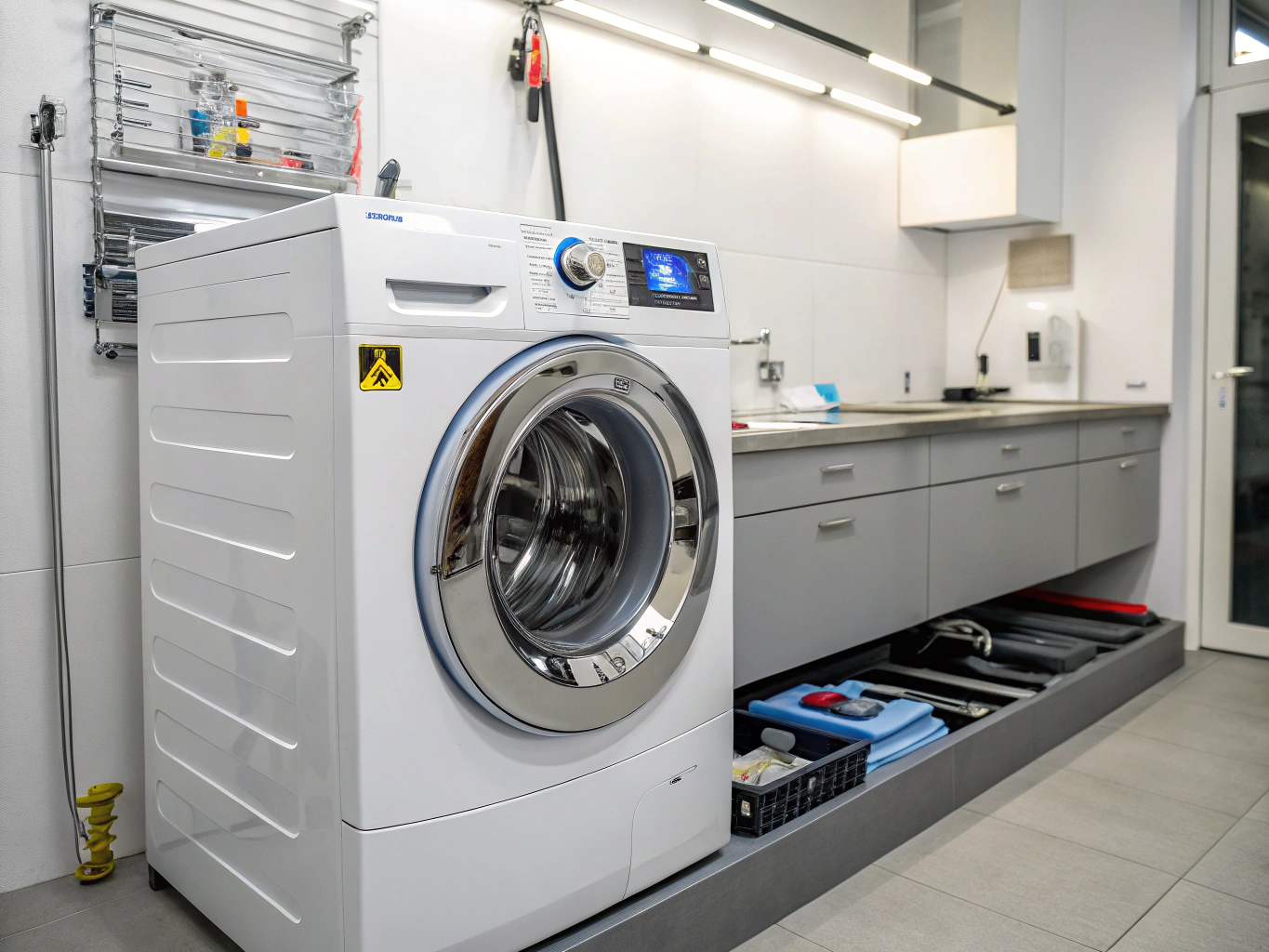 Technician inspecting a Frigidaire front load washing machine