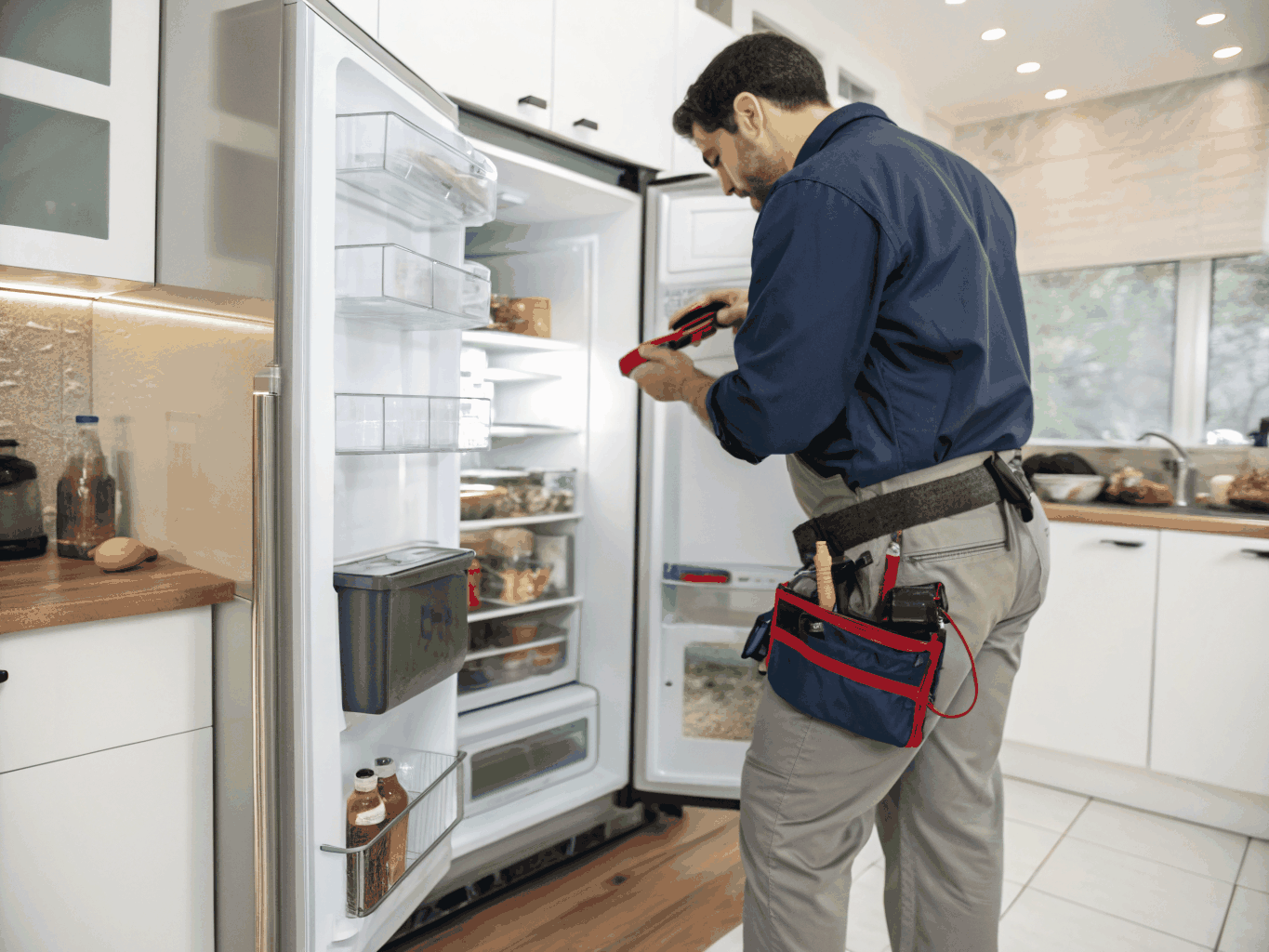 Technician inspecting GE refrigerator internal cooling system