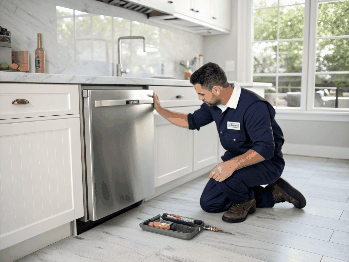 Certified technician repairing Kenmore appliance in Suwanee home