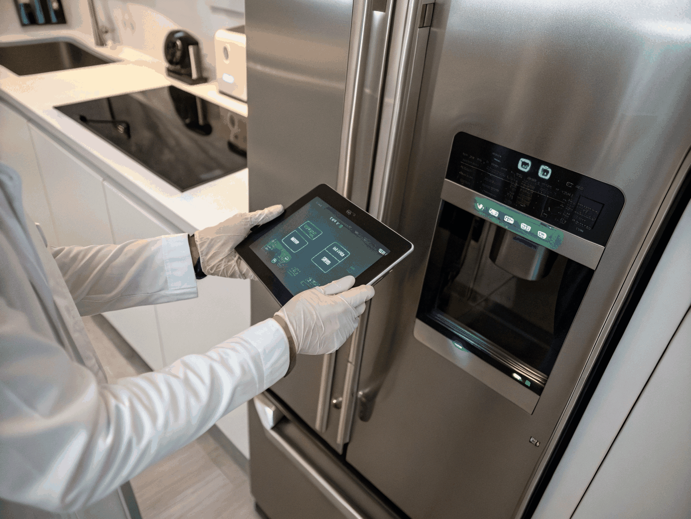Professional technician servicing a high-tech LG refrigerator in Suwanee