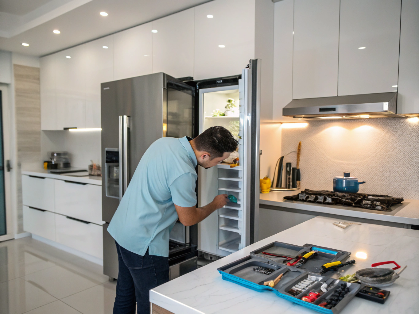 Appliance technician performing maintenance check on refrigerator coils and components