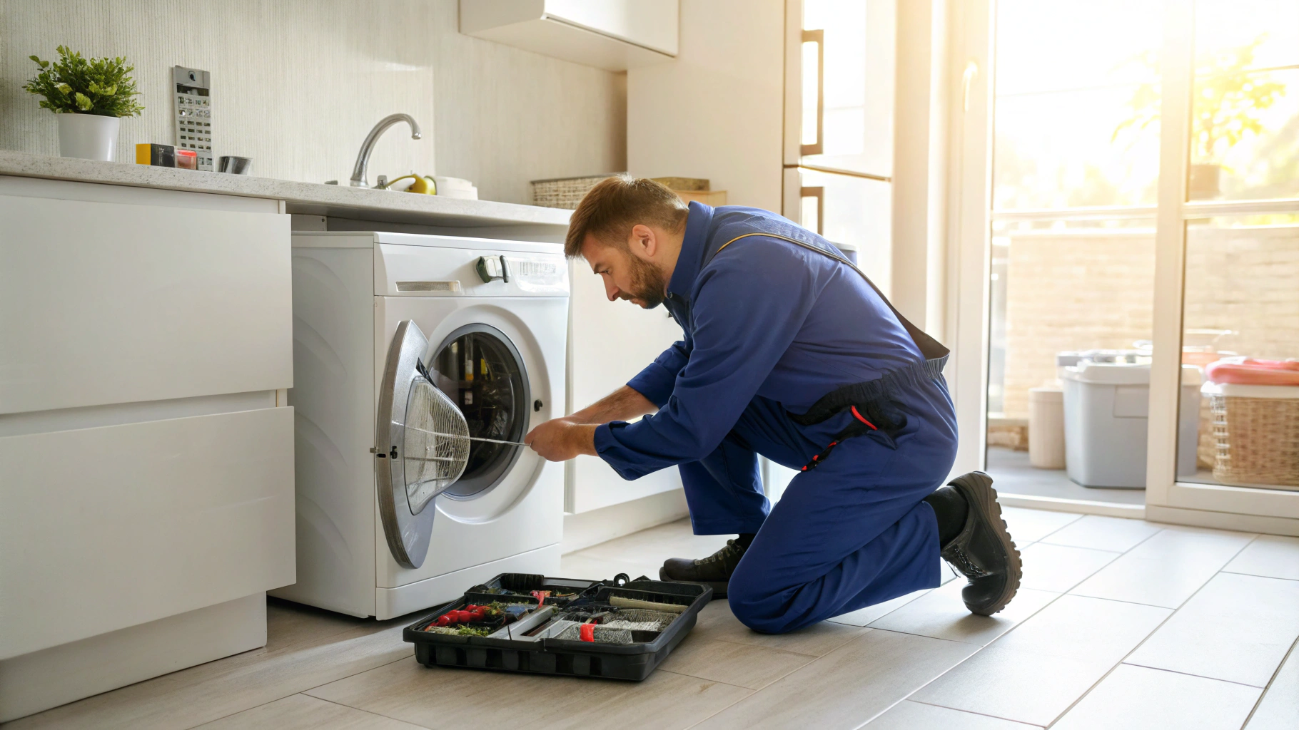 Technician repairing Maytag commercial technology washer
