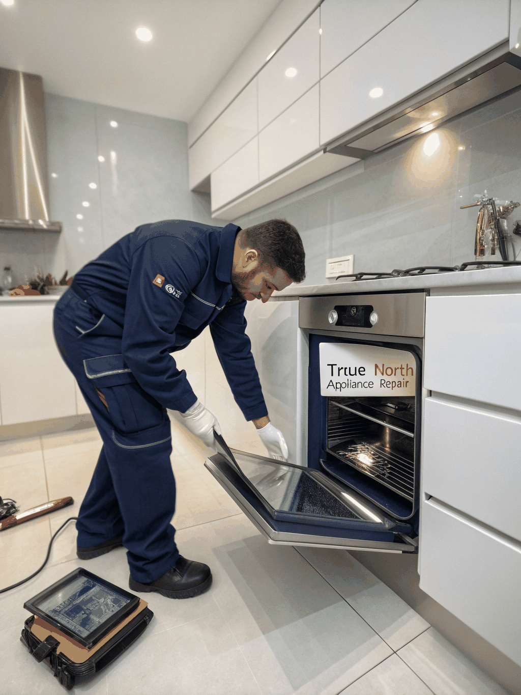 Technician repairing microwave electronics
