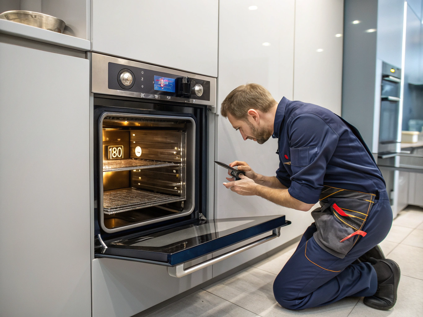 Technician testing oven heating elements with digital multimeter