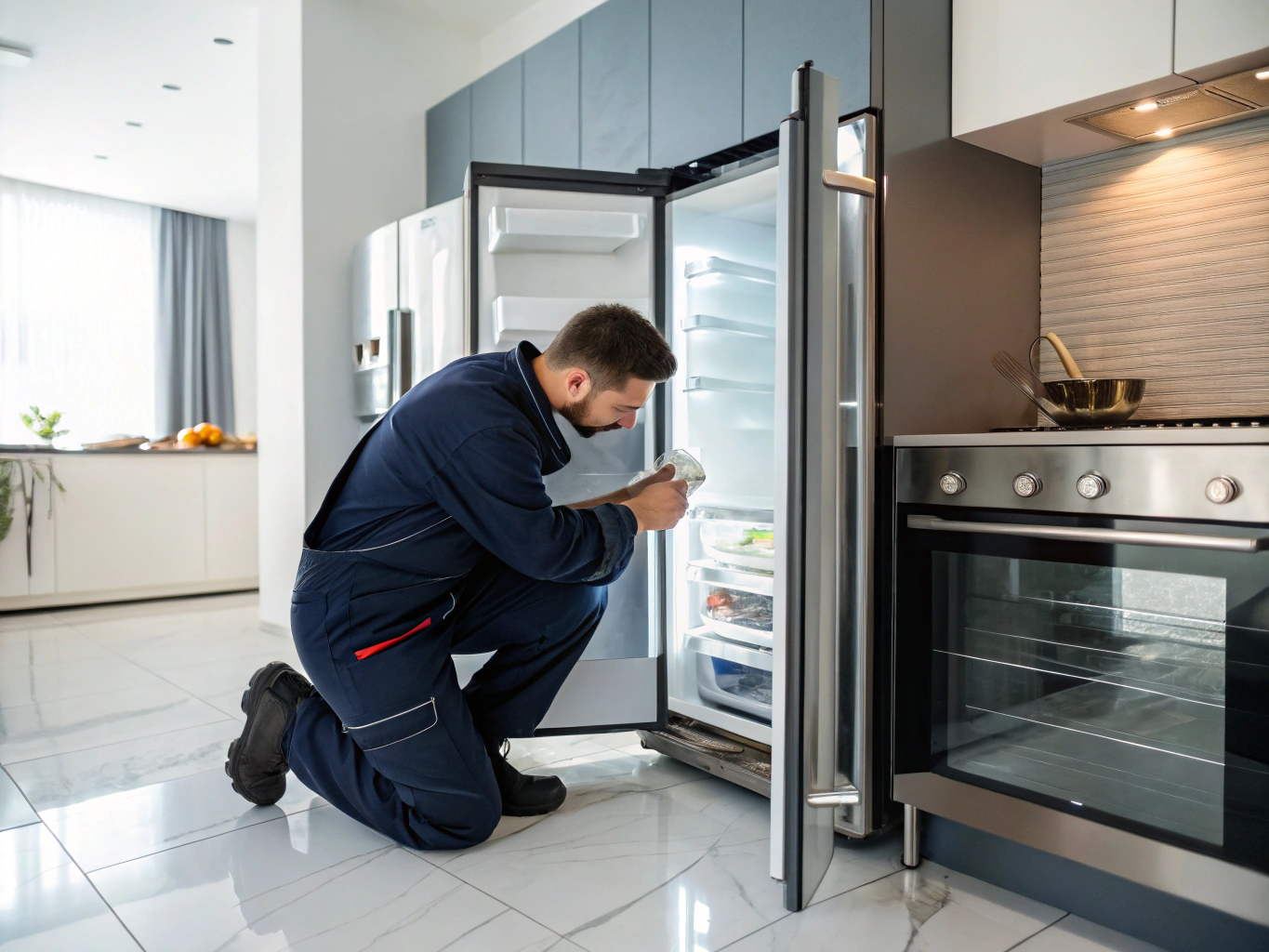 Certified appliance technician servicing a residential refrigerator in Peachtree Corners