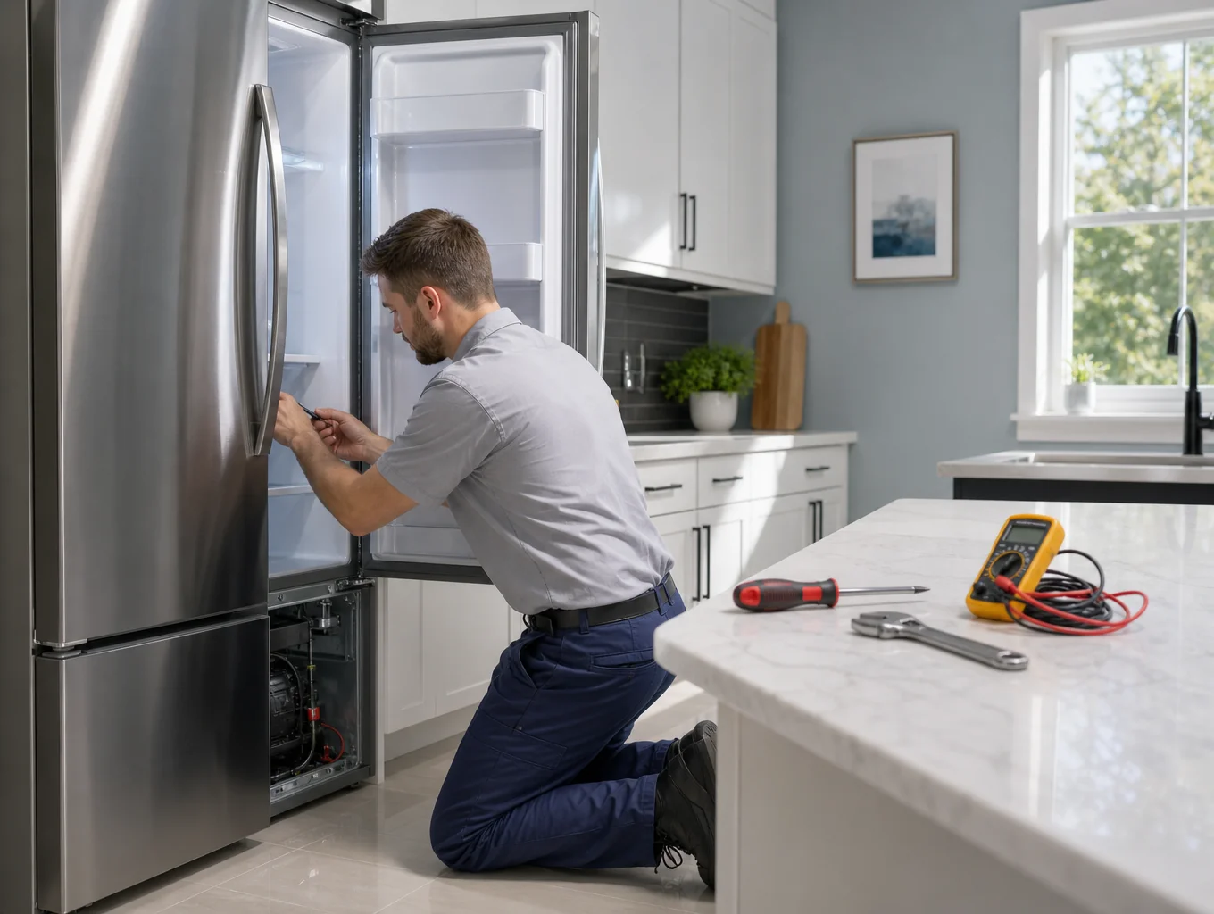 Professional technician servicing a luxury French door refrigerator