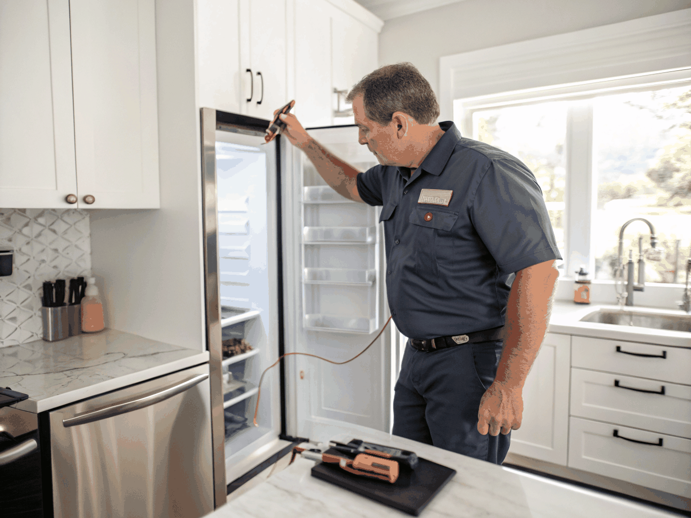 Appliance repair technician inspecting refrigerator cooling system