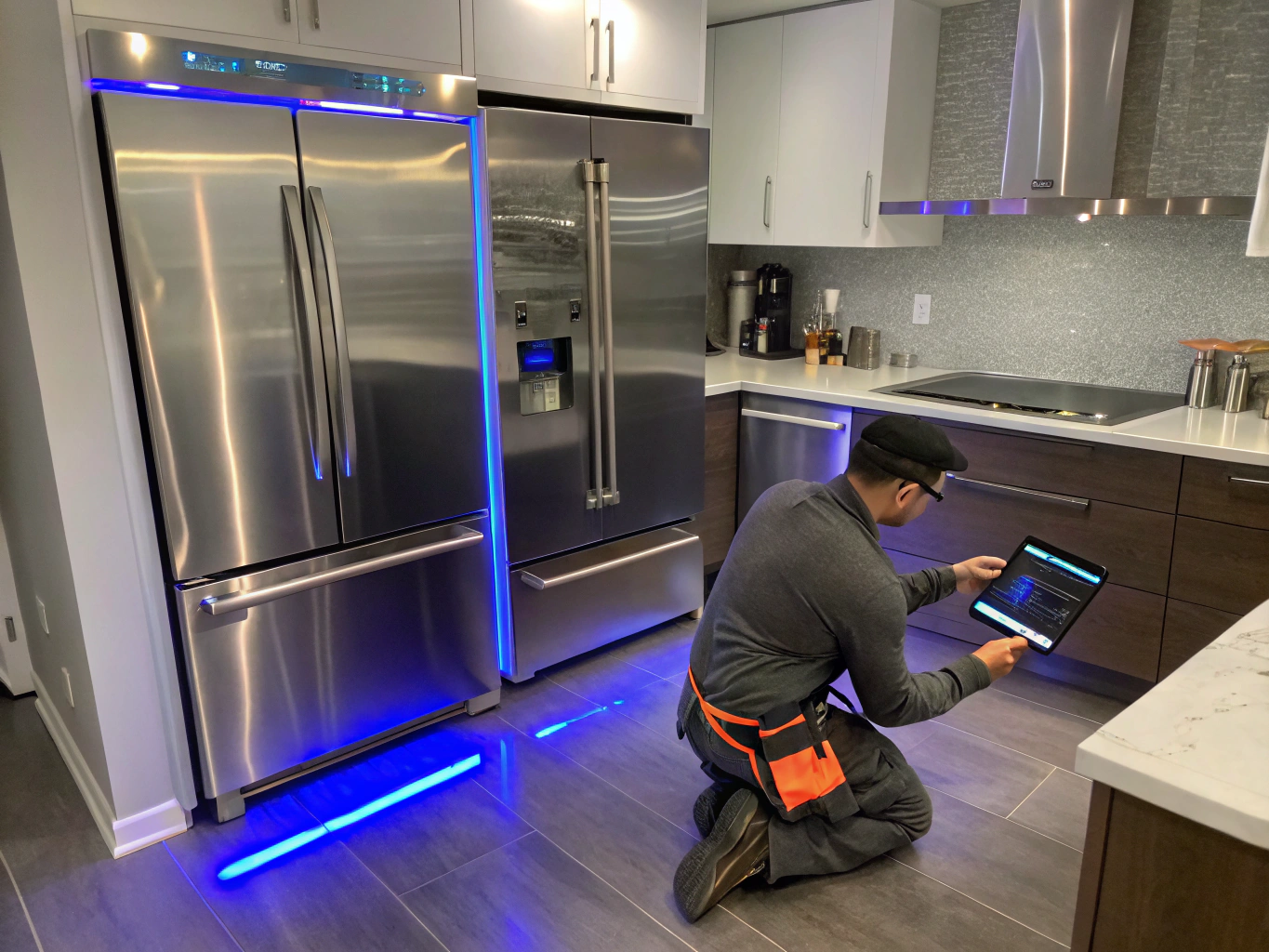 Certified technician inspecting a modern Samsung French Door smart refrigerator in Suwanee