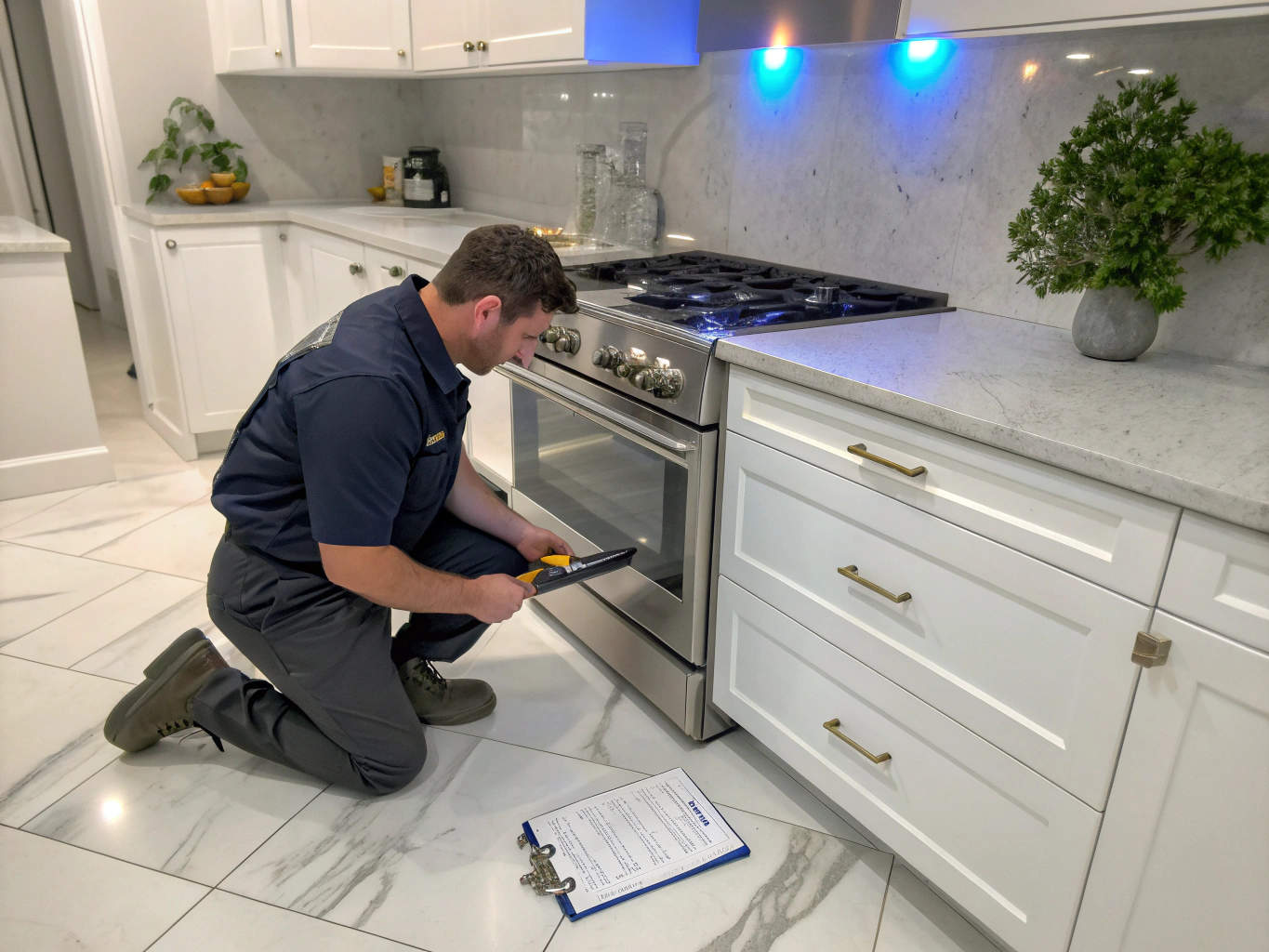 Professional technician servicing a premium kitchen gas range burner