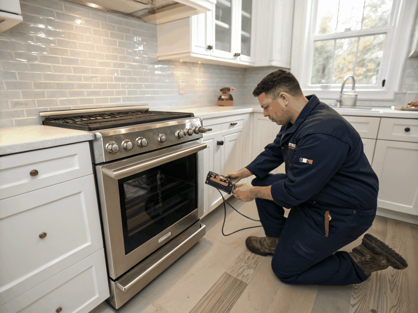 Professional technician inspecting a modern kitchen range and oven