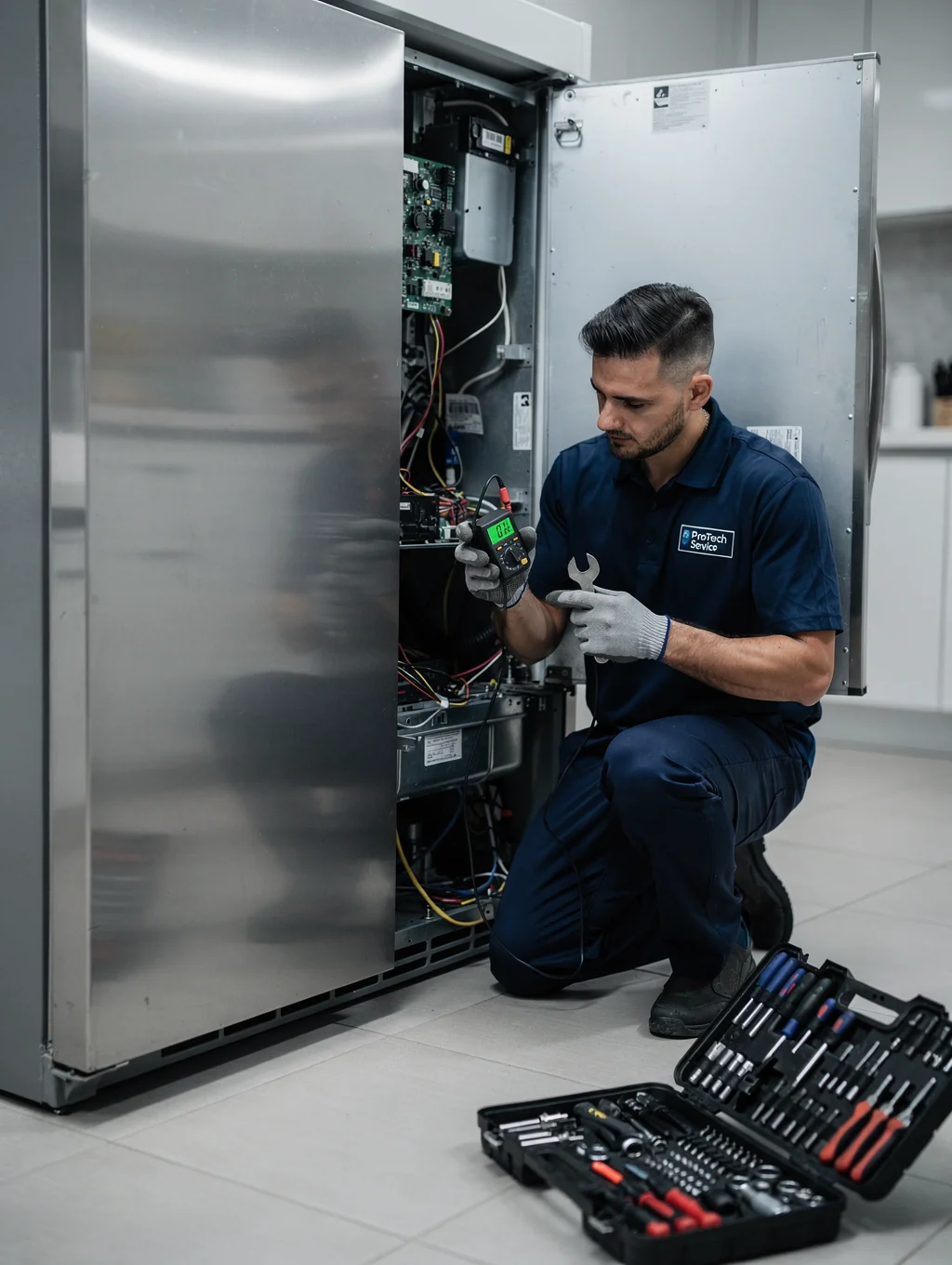 Technician checking appliance digital temperature controls and airflow vent