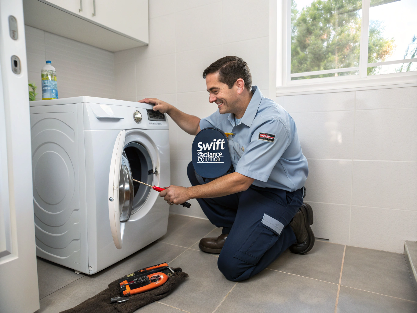 Professional technician inspecting and repairing a modern washing machine